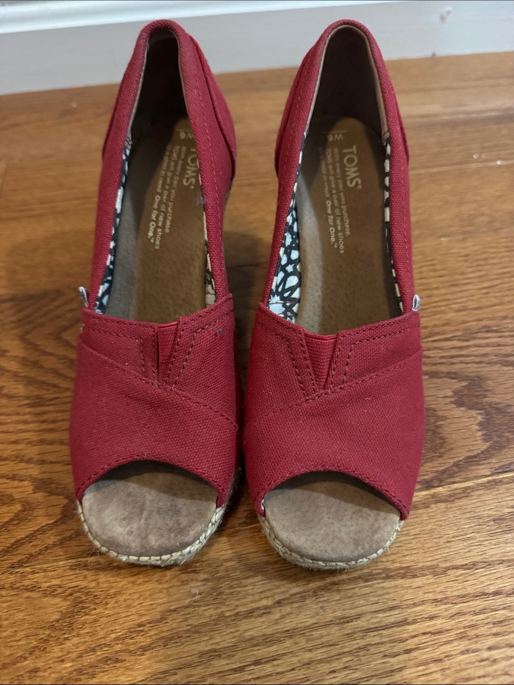 Toms Red Canvas Peep-Toe Wedge Espadrilles
